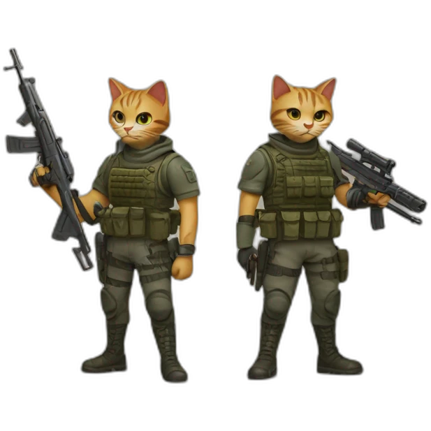 Armed cat with a weapon in its hand and next to it an armed soldier with many weapons too emoji