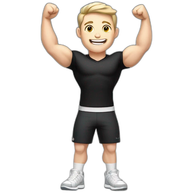Joyful Celebrating victory Pale skinned Fit Man With the biceps and dark brown hair in black shirt, gray sports shorts and white Sneakers emoji