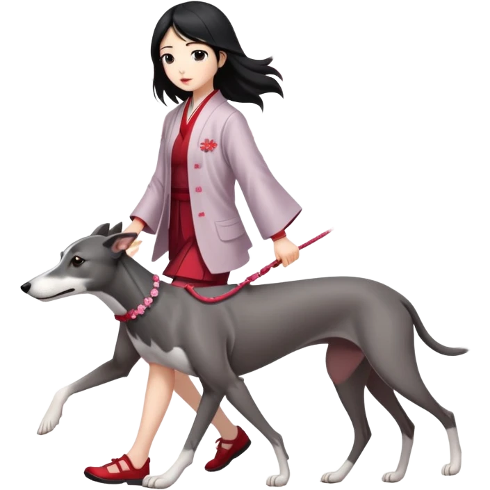 Japanese girl with flowing hair walking a solid grey greyhound with cherry blossoms in the background emoji