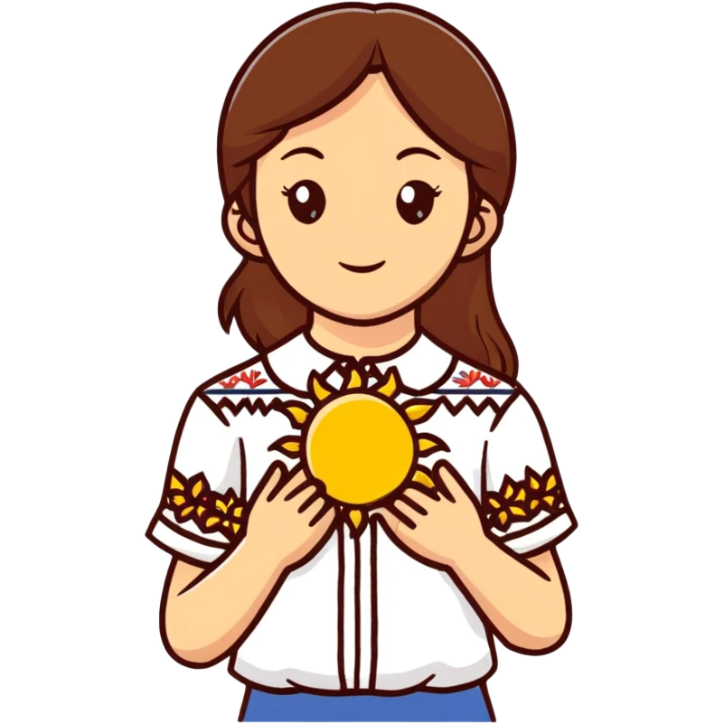 A young Ukrainian girl with brown hair wearing a traditional white embroidered shirt carefully holds a bright sun in her hands emoji