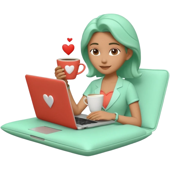 3D clay character relaxed with laptop and coffee, floating icons (envelope, heart, dollar), mint green (#34D399) outfit, coral (#FF7F6B) floating icons, white laptop, Pixar style, transparent background emoji