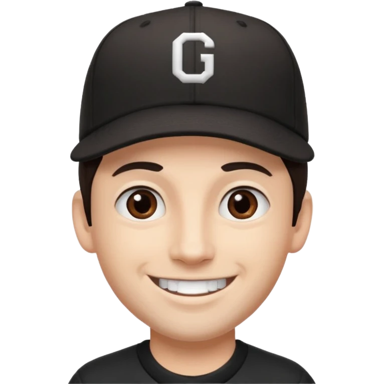 male, dark brown hair, dark brown eyes, fair skin, black baseball hat, no teeth emoji