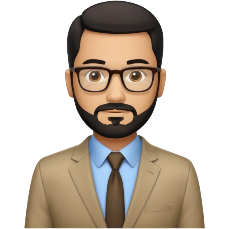 Attractive Hispanic TV host in his mid to late 40s with light brown skin, short straight black hair slicked back with fade on sides, square handsome face with strong jawline, friendly approachable expression, black beard, wearing glasses emoji