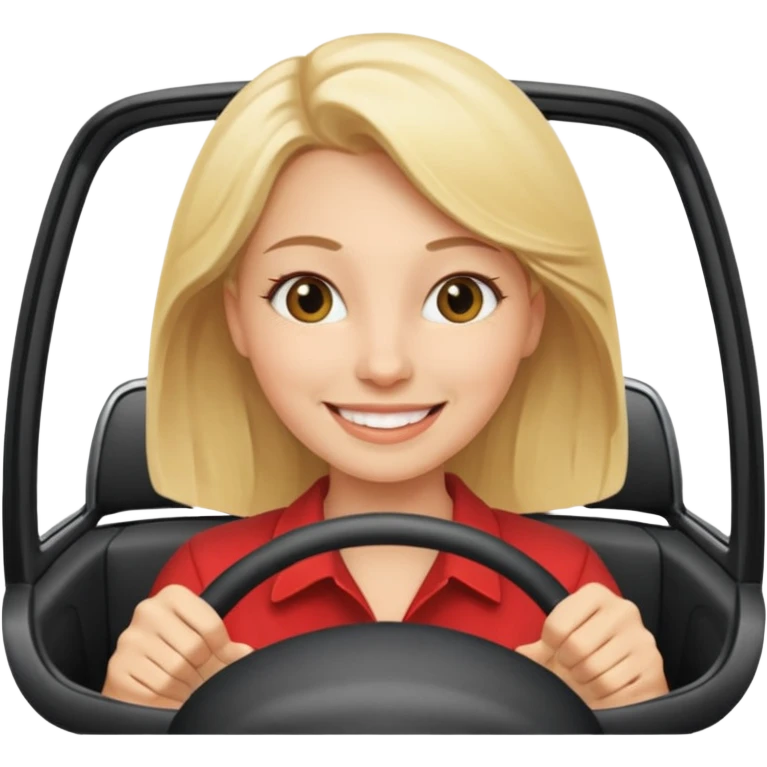 blonde woman driving car. Happy face confidence emoji