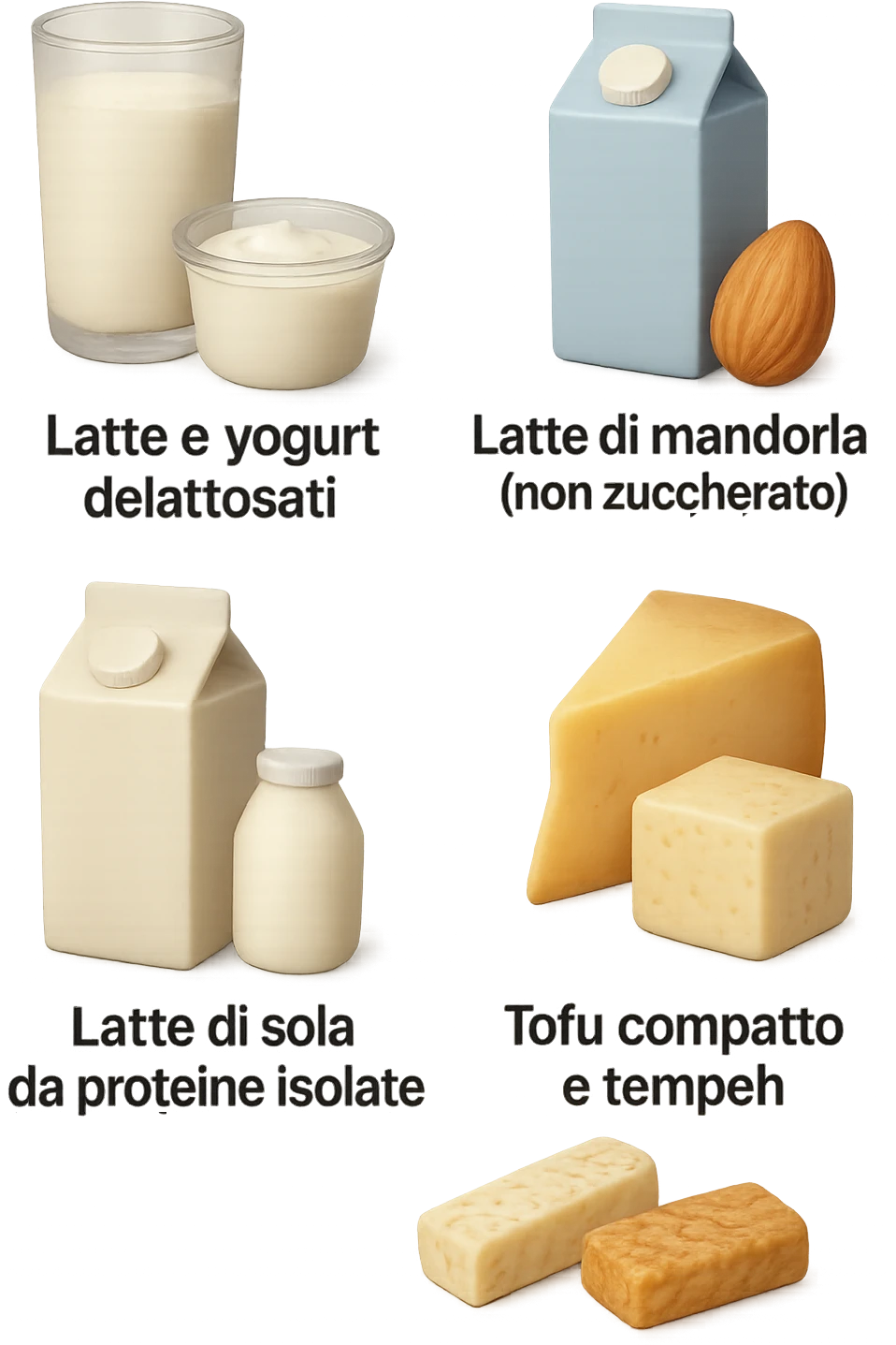 emoji stile iphone 3d di questi elementi che fluttuano in aria:

Latte e yogurt delattosati
Latte di mandorla (non zuccherato)
Latte di soia da proteine isolate
Formaggi stagionati (es. parmigiano)
Tofu compatto e tempeh
 che fluttuano in aria,  le etichette scrivile in italiano, iperealistico 4k emoji