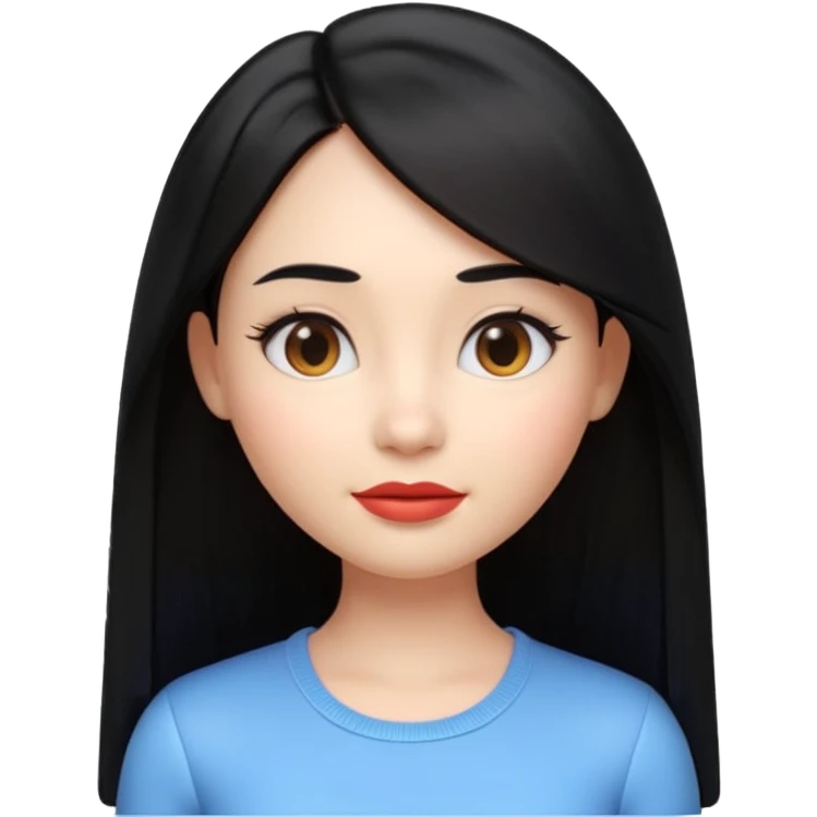 A cute 3D female emoji avatar, smooth skin, long straight black hair, glossy lips, soft lighting, minimal background, beauty branding style, high quality, Pixar style, front view, symmetrical face, clean and elegant emoji