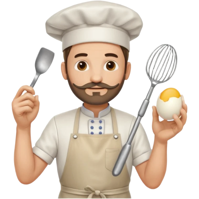 Middle aged male pastry chef - with a small beard, apron, white hat, holding an egg beater in his right hand, and his left hand naturally hanging down to his side emoji