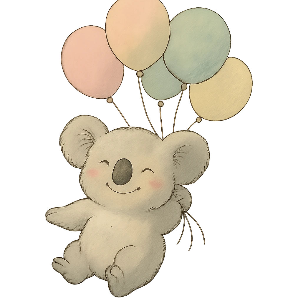 koala floating with pastel balloons, happy face, soft ghibli style emoji