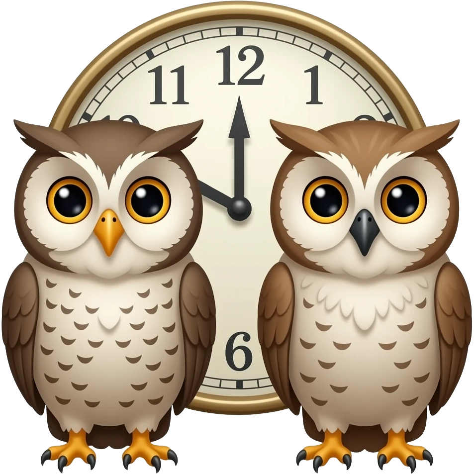 a male and a female owl in front of a clock emoji