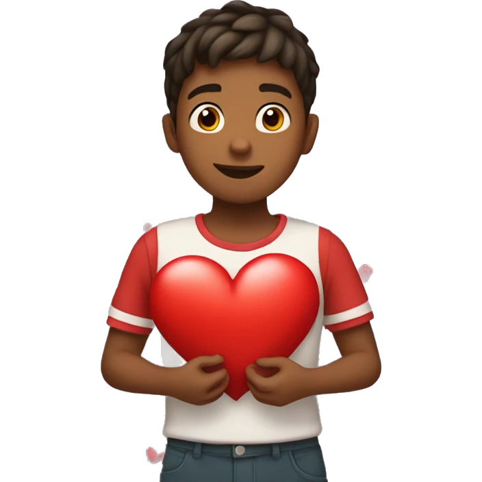 A boy who is holding the heart with lots of hearts around it  emoji