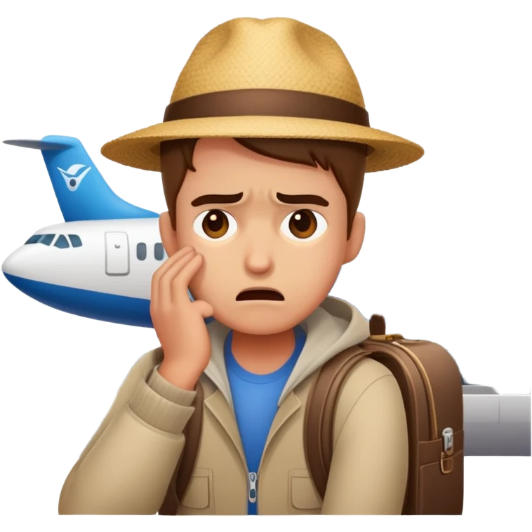 Delayed flight at airport with frustrated traveler emoji