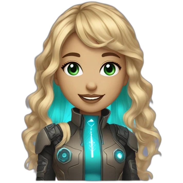 girl smiling with brown to blonde ombre wavy hair with bangs and greenish blue eyes wearing rhinestones next to eyes saying hi and wearing a cyberpunk outfit emoji