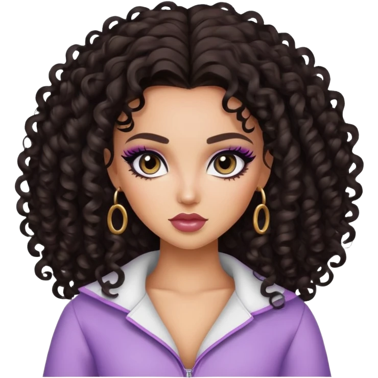 curly dark hair, pretty eyes, pretty makeup, pretty bratz baddie emoji