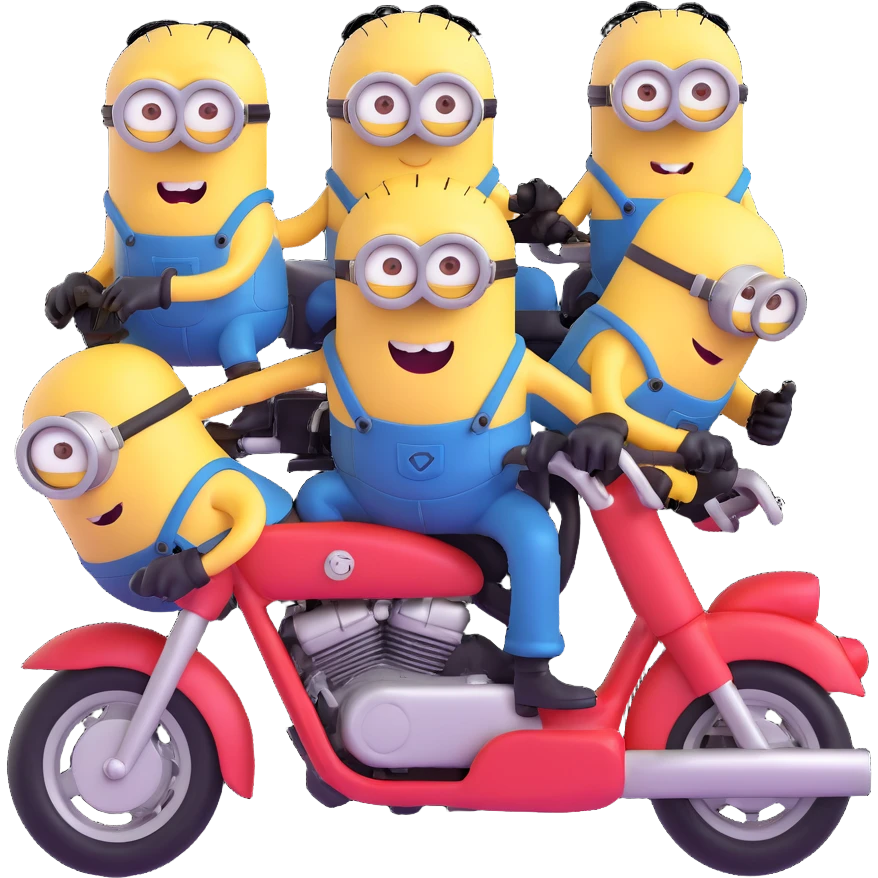 three minions stacked on a motorcycle, looking mischievous emoji