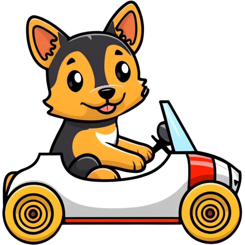 black and tan terrier driving a racecar emoji