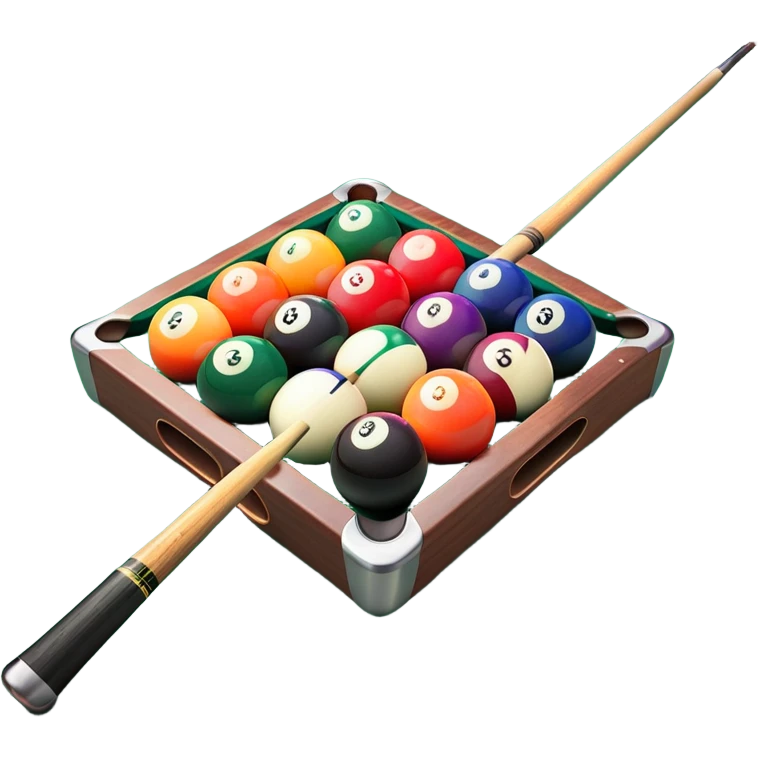 Two crossed pool cues resting on a billiard table, with colorful billiard balls scattered across the surface. The background features the felt of the table, creating an inviting atmosphere for a game of precision and strategy emoji