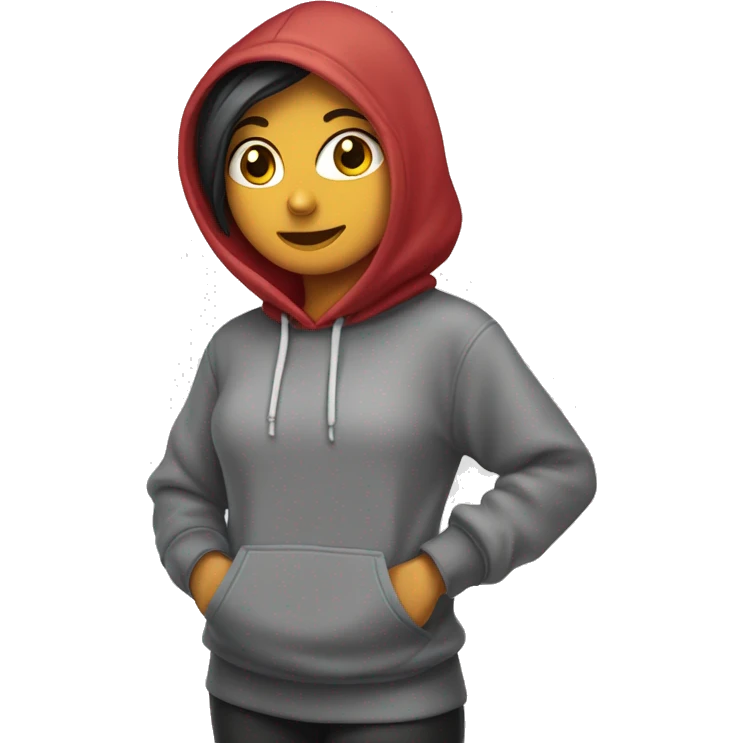 una chica morena con una sudadera y una capucha saludando emoji