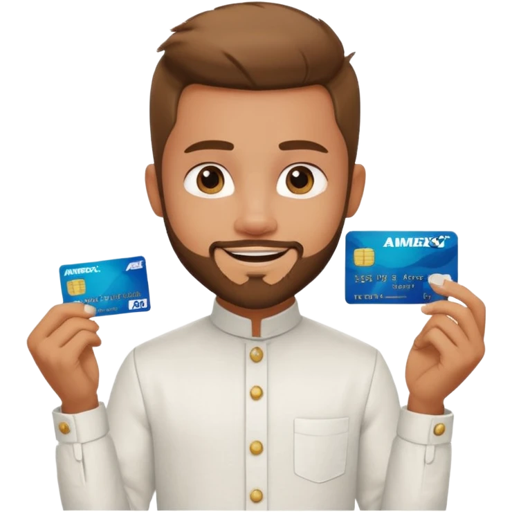 generate a pretty bratz boy wearing a white linen mandarin collar shirt with an amex card in hand. bearded emoji