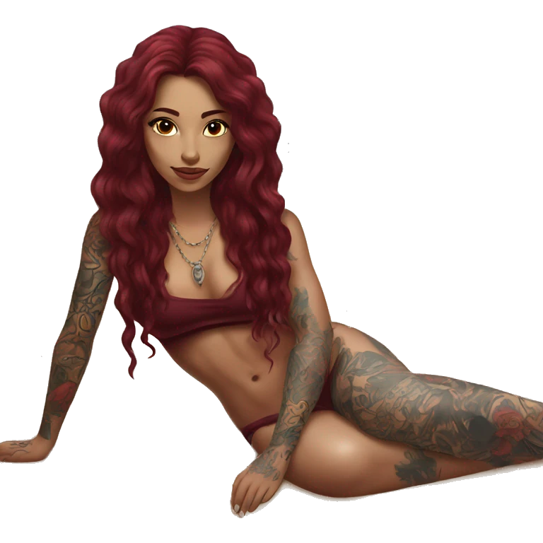 Beautiful tattooed burgundy long haired woman laying on the beach emoji