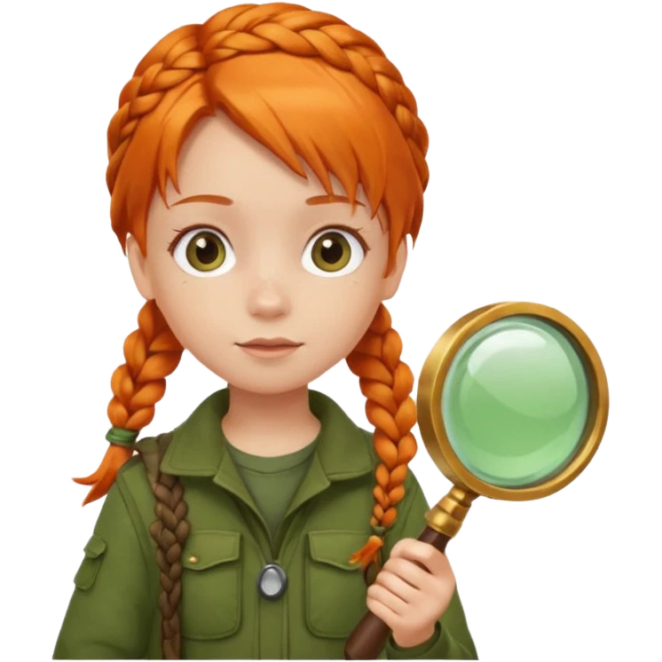braid orange haired girl kid in moss green explorer outfit, holding magnifying glass emoji