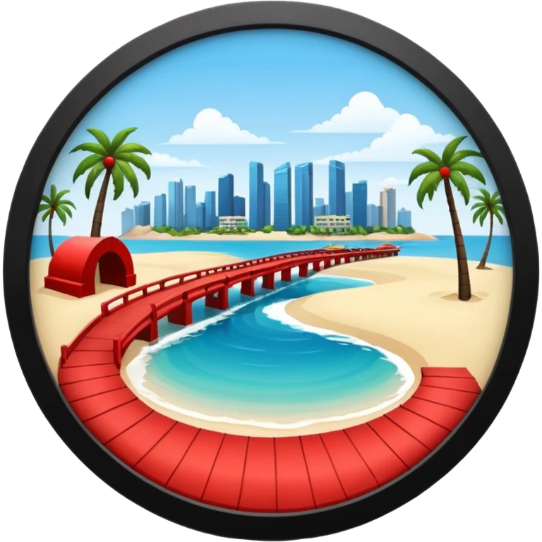 a circle island with modern buildings, a beach with palm trees. also, a red bridge behind.  emoji