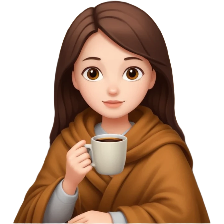 Girl cozy by the fire with brown blanket and coffee emoji