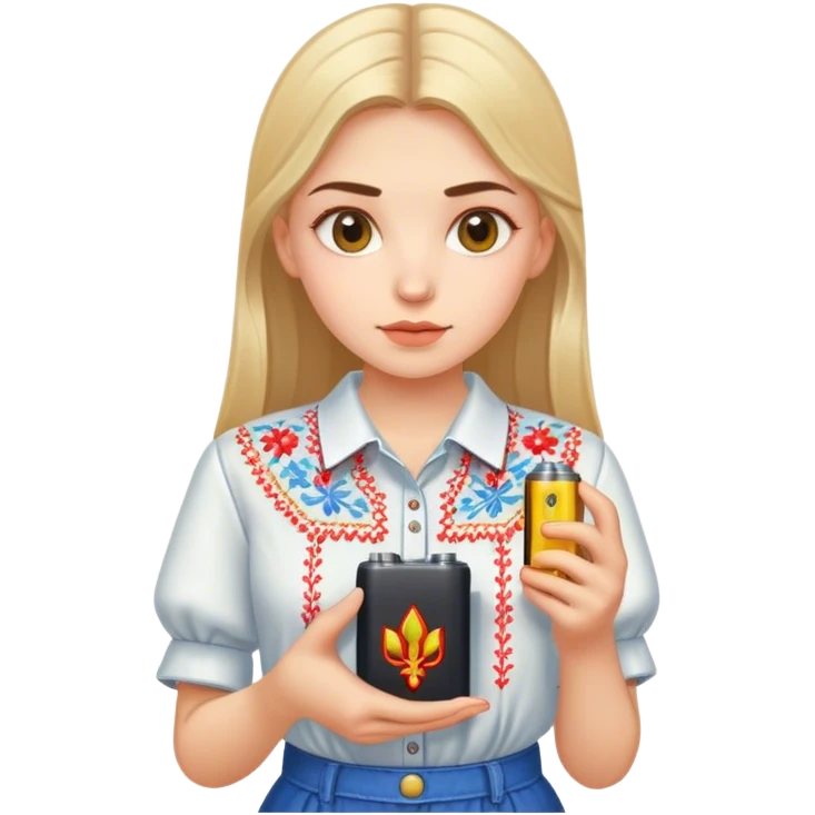 A Ukrainian girl in an embroidered shirt holds a battery emoji