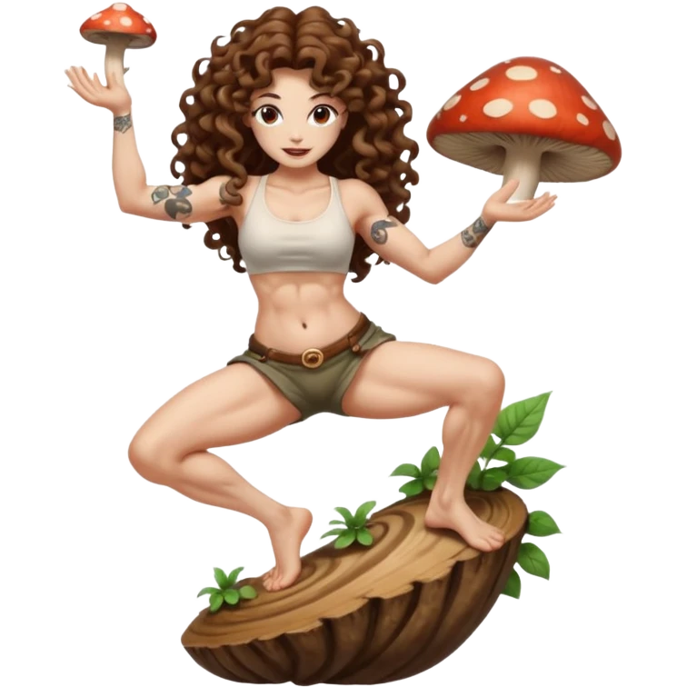 full body woman long curly brown hair brown eyes white skin tattoos muscular build barefoot spiral dance on mushroom caps emoji