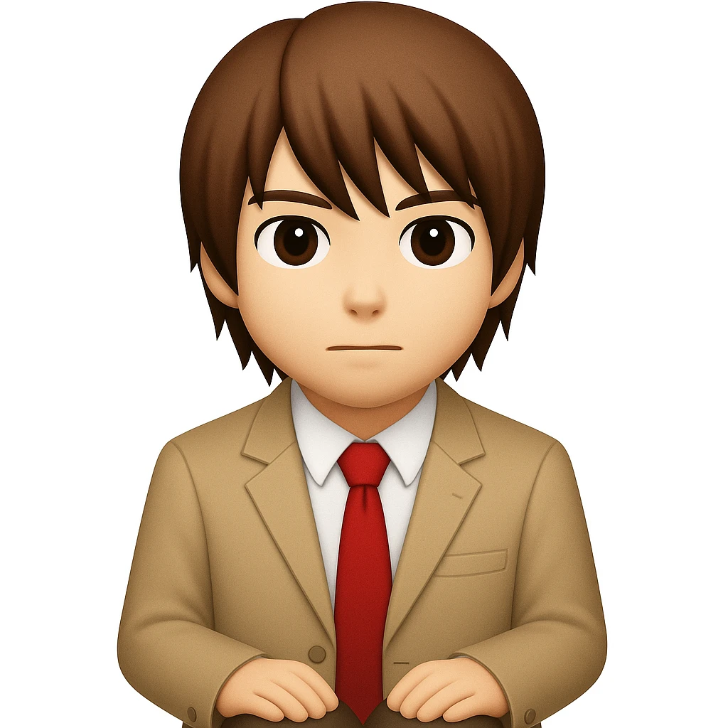 Create an image of Light Yagami from Death Note in the style of apple emojis. He has brown hair and is wearing a school uniform. He is sitting with his hands on his lap and has a neutral expression. emoji
