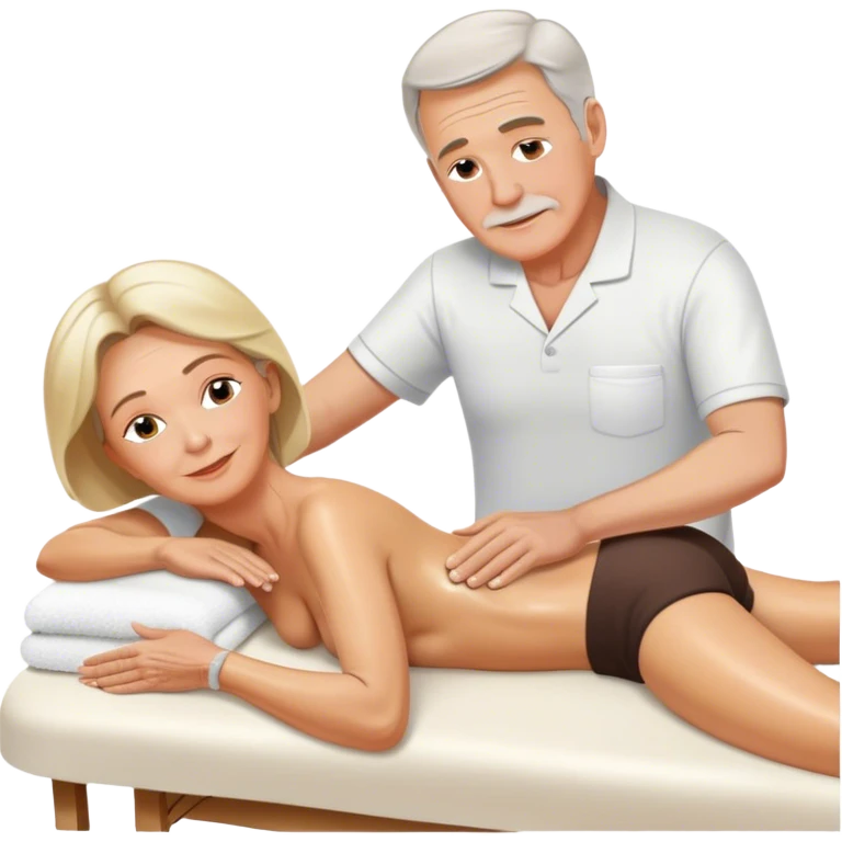 60-year-old white man massaging 60-year-old woman on massage table using oil emoji