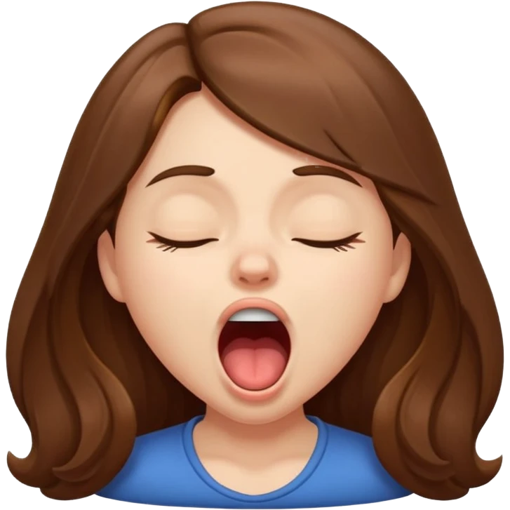sleepy girl with long brown hair mouth open in a yawn emoji