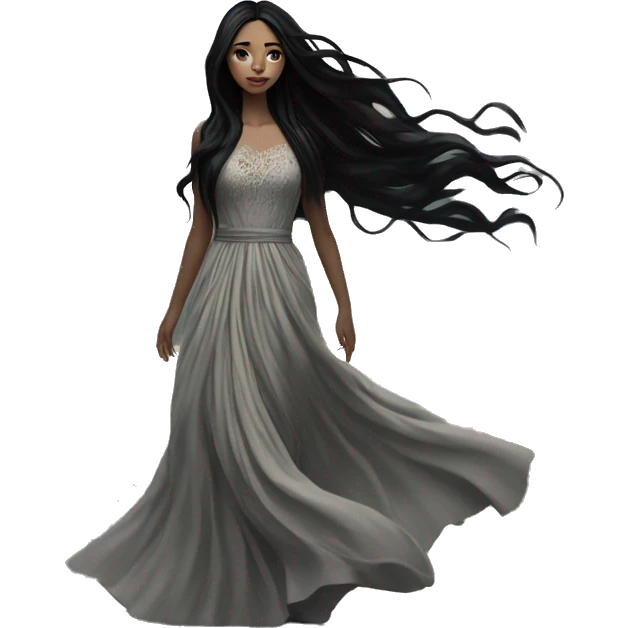 Dramatic girl  very pale with dark lighting  with black hair  in river with very very long lace dress  black long hair flying in the wind emoji