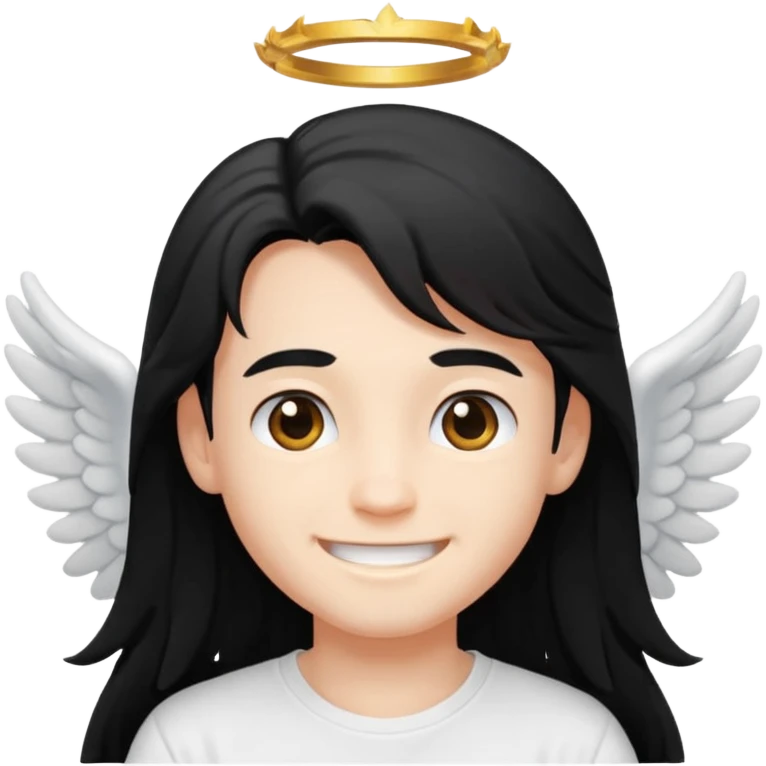 angelic boy with long black hair and a white t-shirt, smiling emoji