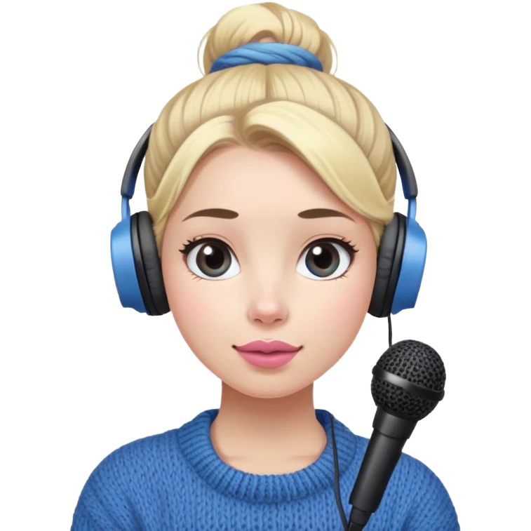 a cute face girl have bright white skin and natural pink lips with blue knitwear with a blonde one hair
bun and her job is a podcaster
(recording microphone in front of her
not held and a headphone in her head) emoji