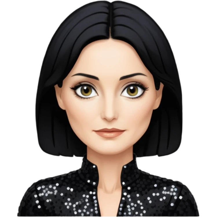 Carrie-Anne Moss with black hair, black sequin outfit emoji