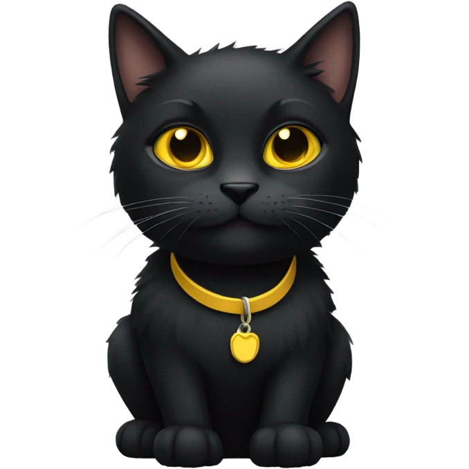 a black furry cat with yellow eyes and a collar  emoji