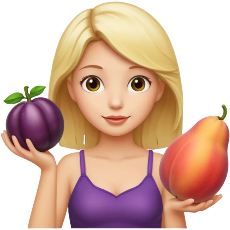 Blonde girl, holding up thicc peach in one hand, long eggplant in the other emoji