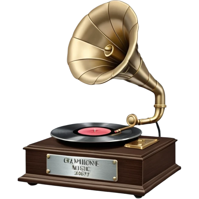 A platinum music award plaque: a square, polished platinum plate with a subtly textured, mirror-like finish, mounted on a simple dark wood base. The center features a relief of a vintage gramophone or stylized vinyl record in a slightly darker metallic tone.  emoji