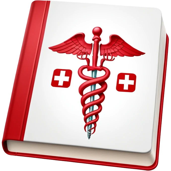 Medical textbook with red cover, caduceus symbol, open to a page showing anatomy emoji