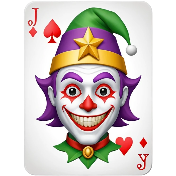 1 poker card, perfectly squared card, with crazy colorful human jolly joker inside, star symbol with a "J" emoji