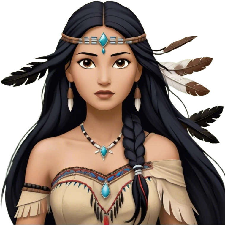 Cinematic Realistic Pocahontas Portrait, depicted with lifelike skin texture, soft natural lighting, and intricately detailed long, flowing raven-black hair that moves gracefully in the wind. Her deep, soulful dark brown eyes exude wisdom and strength, complemented by a serene yet powerful expression. She is dressed in her classic one-shoulder native american dress, with rich fabric textures and delicate beaded details that catch the light beautifully. The portrait features a soft, sun-kissed glow with a natural, radiant finish, capturing the essence of untamed beauty and deep connection to nature in a realistic and painterly style, evoking a sense of depth and authenticity. emoji