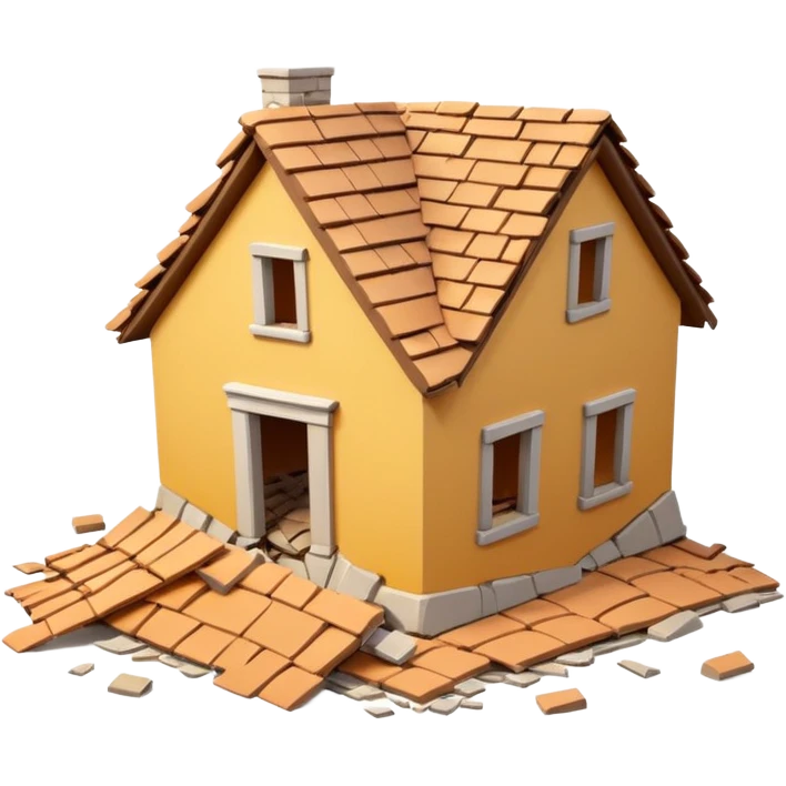 3D iPhone style emoji of a collapsed house, broken walls and roof pieces scattered, debris and ruins visible, isolated on white background, soft shadows, high detail, playful and cute. emoji