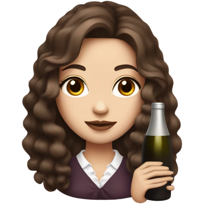 rich girl with white skin, long brown hair, dark eyes, with makeup, with wine emoji