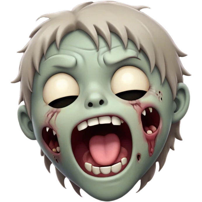 Cinematic Cute Yawning Zombie Portrait Emoji, with a delightfully quirky, slightly disheveled face in muted ashen tones, head tilted back in a big, funny yawn that reveals quirky stitches and playful gaps, simplified yet irresistibly charming, highly detailed with a soft, eerie glowing outline capturing the sleepy, offbeat vibe of a zombie taking a nap! emoji