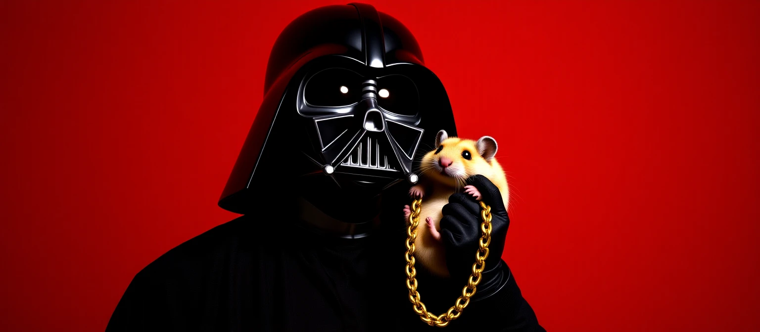 Extreme Closeup Photo of a darth vader holding big hamster with golden chain, low key light, red solid background with leading lines, back light, spot light emoji