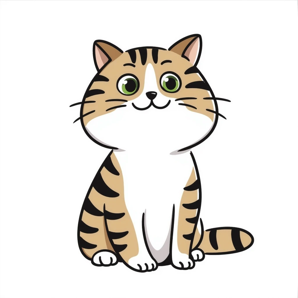Brown, white, and black tabby cat with green eyes sitting to show its white belly, hand-drawn style emoji