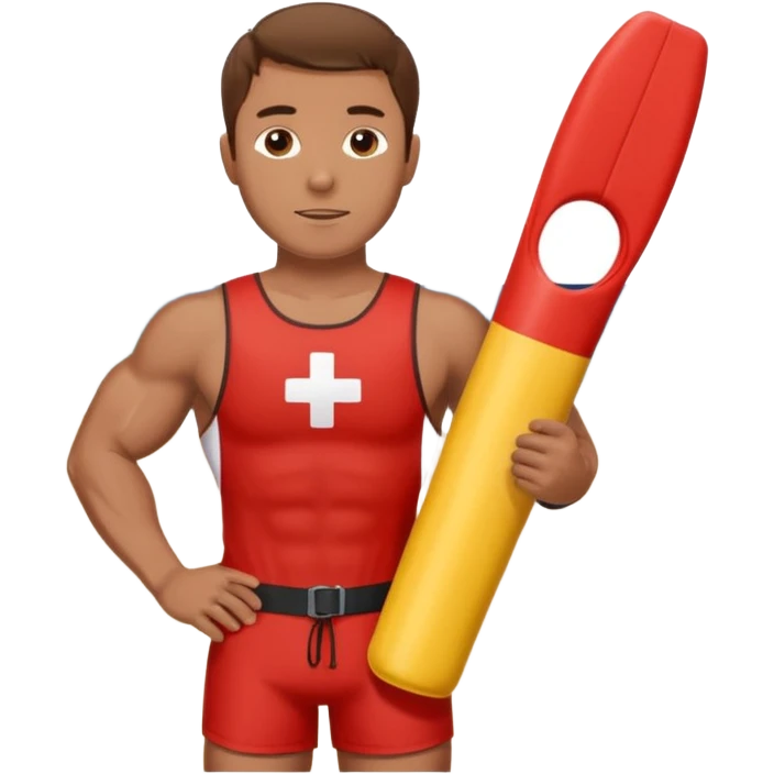 Muscular lifeguard man on beach with rescue tube brown hair emoji