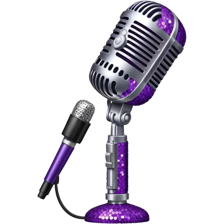 Create a glamorous and vibrant emoji representing stage vocal performance. The design should feature a humanless collage of classic vintage microphone, stage costume covered in rhinestones, sparkling brightly. The costume should be stylized, with glittering elements like sequins and sparkles, and reflect the glitzy, extravagant nature of show business. The microphone should have a sleek, retro look with chrome or metallic accents. Use rich, dazzling colors like gold, silver, deep purple, and bright red to evoke the glamorous, larger-than-life feel of a stage performance. The background should be transparent. emoji