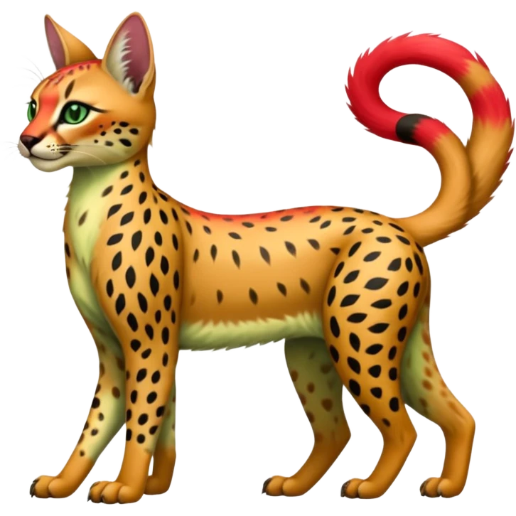 Colorful cute adorable tropical exotic fruity kiwi-green lemony rosy neon-red Caracal-Cheetah-Serval-Snow-Leopard-Trico-Sergal-Vernid-fusion-hybrid-animal-creature, full body, with tribal tattoos emoji