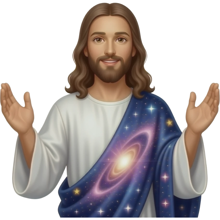 Jesus smiling and wearing a galaxy celestial robe and a halo behind him and hands risen up emoji